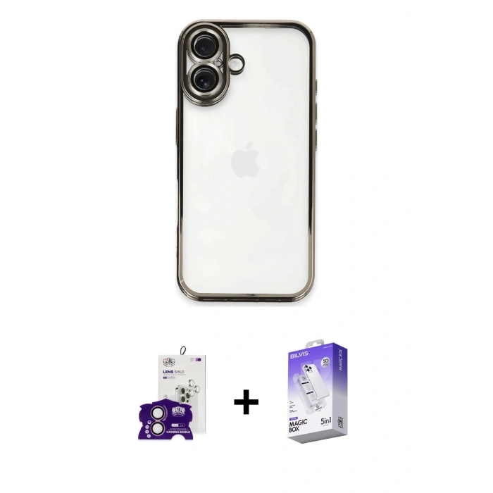MARSİLYAN™- iPhone 16 Kılıf Vadi Minimal - Siyah Bilvis 5in1 3D Magic Cam Ekran Koruyucu + Bilvis Titan Kamera Lens - PE