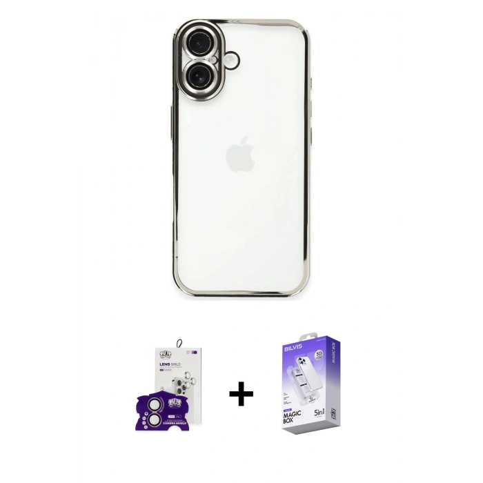 MARSİLYAN™- iPhone 16 Kılıf Vadi Minimal - Siyah Bilvis 5in1 3D Magic Cam Ekran Koruyucu + Bilvis Titan Kamera Lens - PE