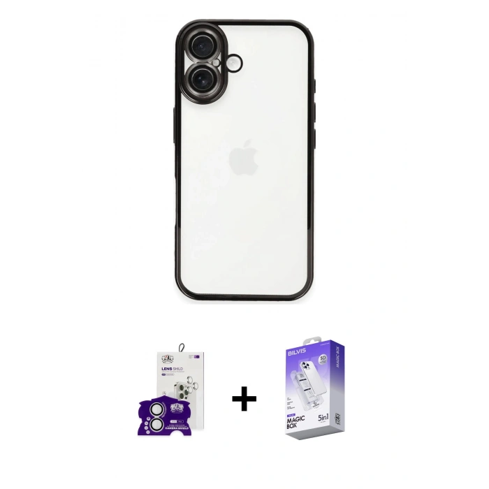 MARSİLYAN™- iPhone 16 Kılıf Vadi Minimal - Siyah Bilvis 5in1 3D Magic Cam Ekran Koruyucu + Bilvis Titan Kamera Lens - GS