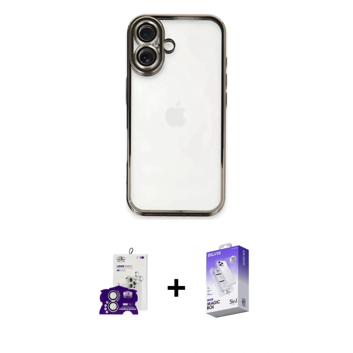 MARSİLYAN™- iPhone 16 Kılıf Vadi Minimal - Siyah Bilvis 5in1 3D Magic Cam Ekran Koruyucu + Bilvis Titan Kamera Lens - GS