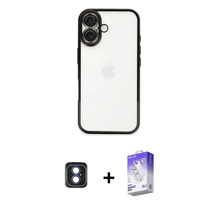 MARSİLYAN™- iPhone 16 Kılıf Vadi Minimal - Siyah Bilvis 5in1 3D Magic Cam Ekran Koruyucu + PVD Metal Kamera Lens - MI