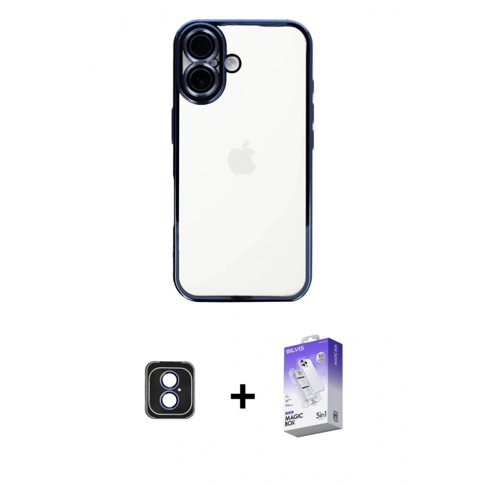 MARSİLYAN™- iPhone 16 Kılıf Vadi Minimal - Siyah Bilvis 5in1 3D Magic Cam Ekran Koruyucu + PVD Metal Kamera Lens - MI
