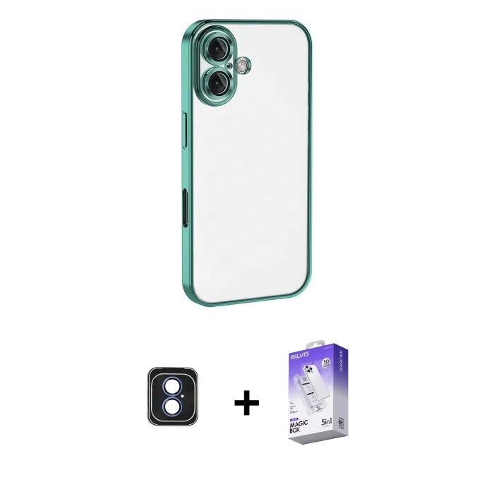 MARSİLYAN™- iPhone 16 Kılıf Vadi Minimal - Siyah Bilvis 5in1 3D Magic Cam Ekran Koruyucu + PVD Metal Kamera Lens - MI