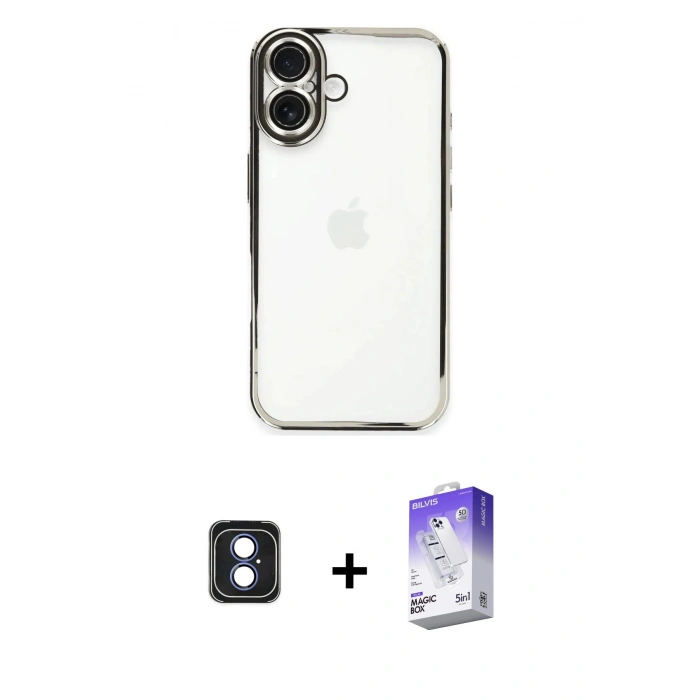 MARSİLYAN™- iPhone 16 Kılıf Vadi Minimal - Siyah Bilvis 5in1 3D Magic Cam Ekran Koruyucu + PVD Metal Kamera Lens - MI