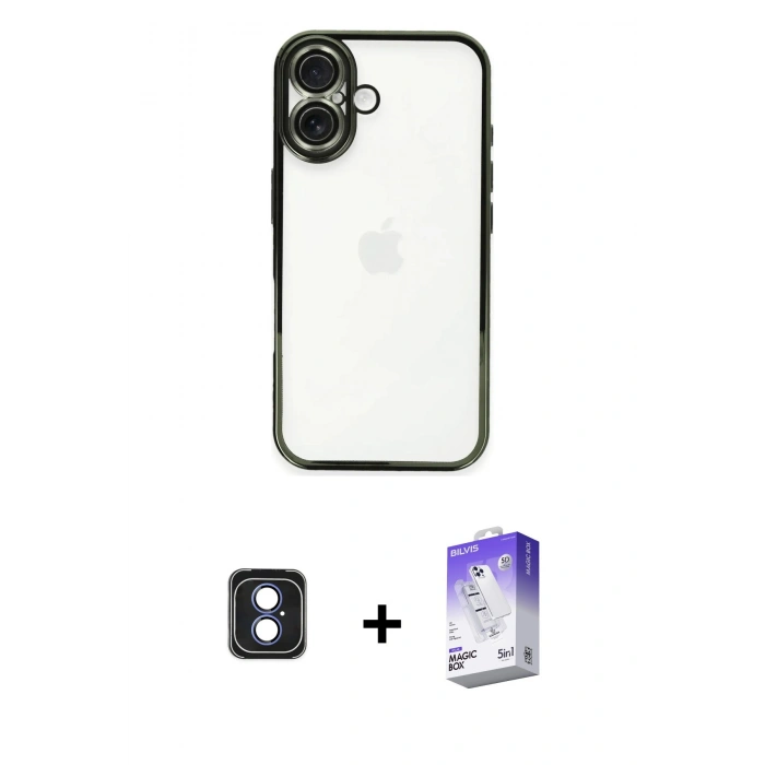 MARSİLYAN™- iPhone 16 Kılıf Vadi Minimal - Siyah Bilvis 5in1 3D Magic Cam Ekran Koruyucu + PVD Metal Kamera Lens - MI