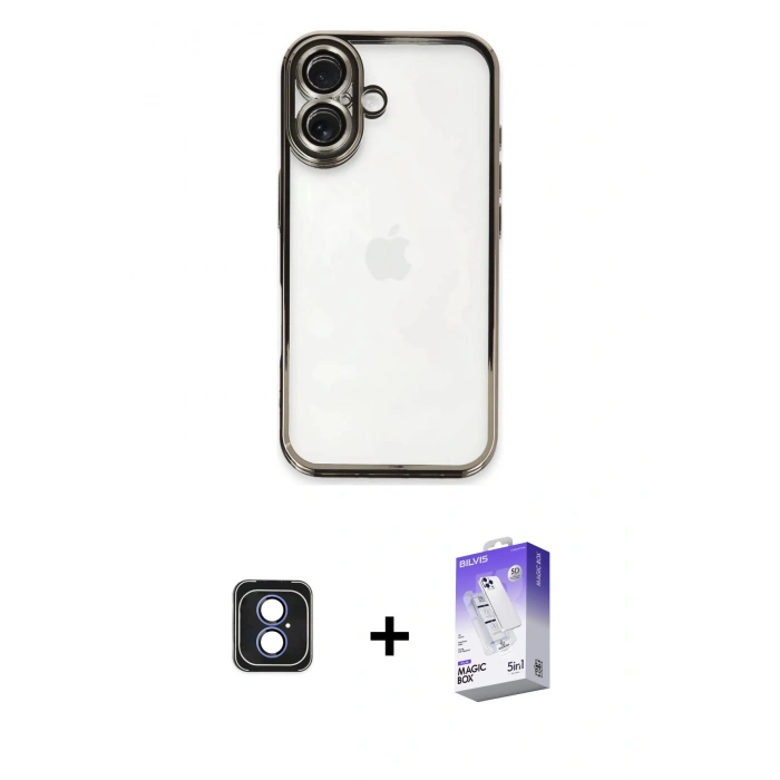 MARSİLYAN™- iPhone 16 Kılıf Vadi Minimal - Siyah Bilvis 5in1 3D Magic Cam Ekran Koruyucu + PVD Metal Kamera Lens - MI