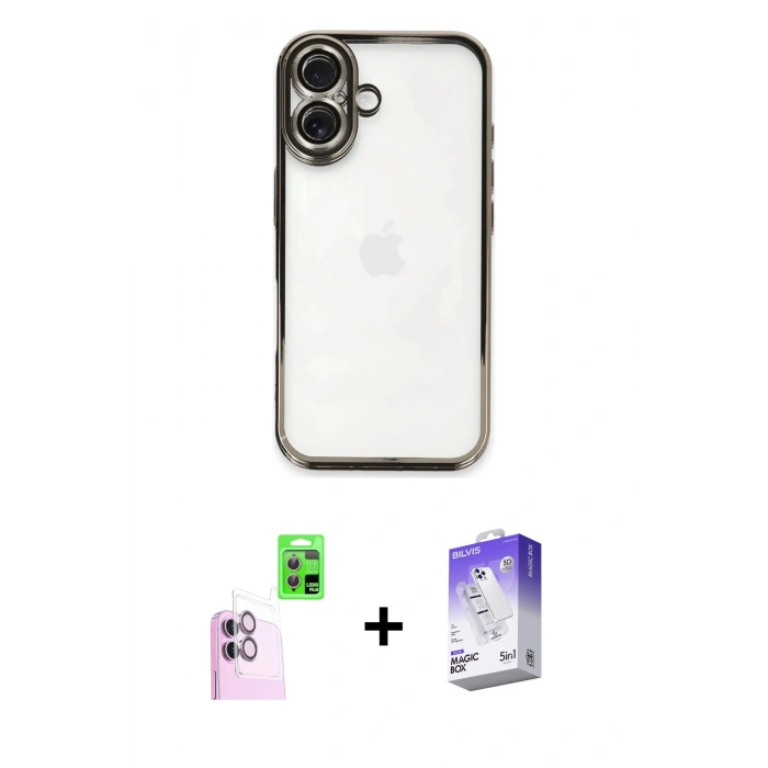 MARSİLYAN™- iPhone 16 Kılıf Vadi Minimal - Siyah Bilvis 5in1 3D Magic Cam Ekran Koruyucu + Pembe Raze Metal Kamera Lens