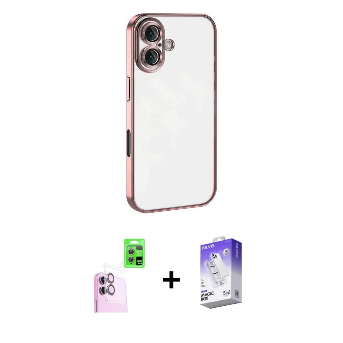 MARSİLYAN™- iPhone 16 Kılıf Vadi Minimal - Siyah Bilvis 5in1 3D Magic Cam Ekran Koruyucu + Pembe Raze Metal Kamera Lens