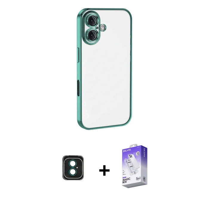 MARSİLYAN™- iPhone 16 Kılıf Vadi Minimal - Siyah Bilvis 5in1 3D Magic Cam Ekran Koruyucu + PVD Metal Kamera Lens - YL