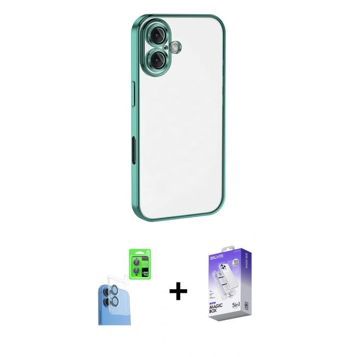 MARSİLYAN™- iPhone 16 Kılıf Vadi Minimal - Siyah Bilvis 5in1 3D Magic Cam Ekran Koruyucu + Raze Metal Kamera Lens - LT