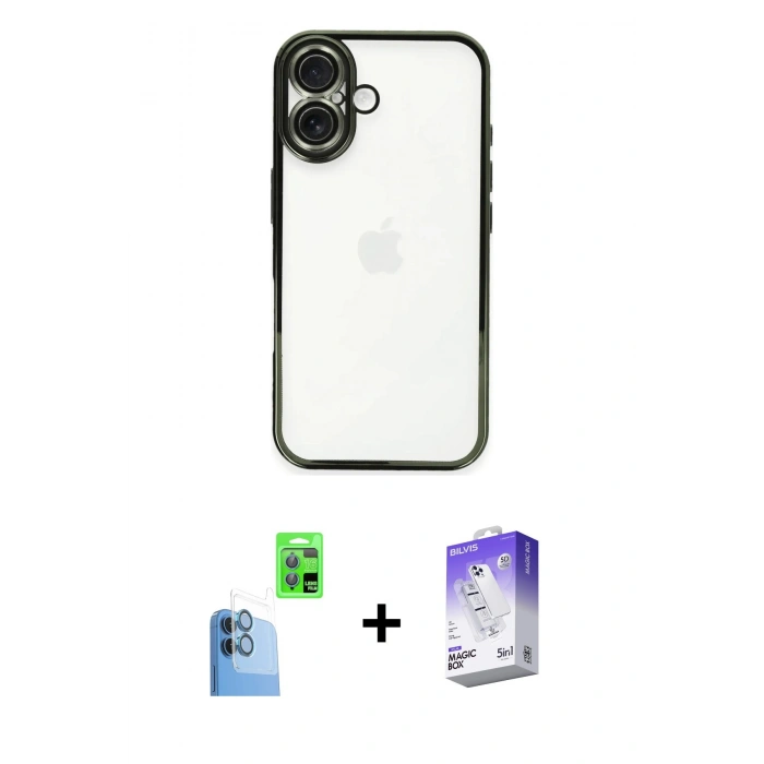 MARSİLYAN™- iPhone 16 Kılıf Vadi Minimal - Siyah Bilvis 5in1 3D Magic Cam Ekran Koruyucu + Raze Metal Kamera Lens - LT