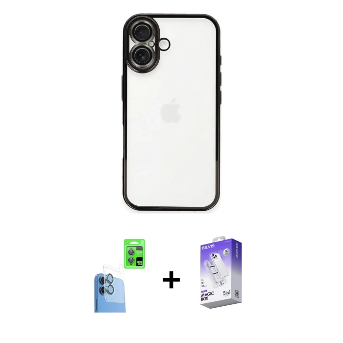 MARSİLYAN™- iPhone 16 Kılıf Vadi Minimal - Siyah Bilvis 5in1 3D Magic Cam Ekran Koruyucu + Raze Metal Kamera Lens - LT