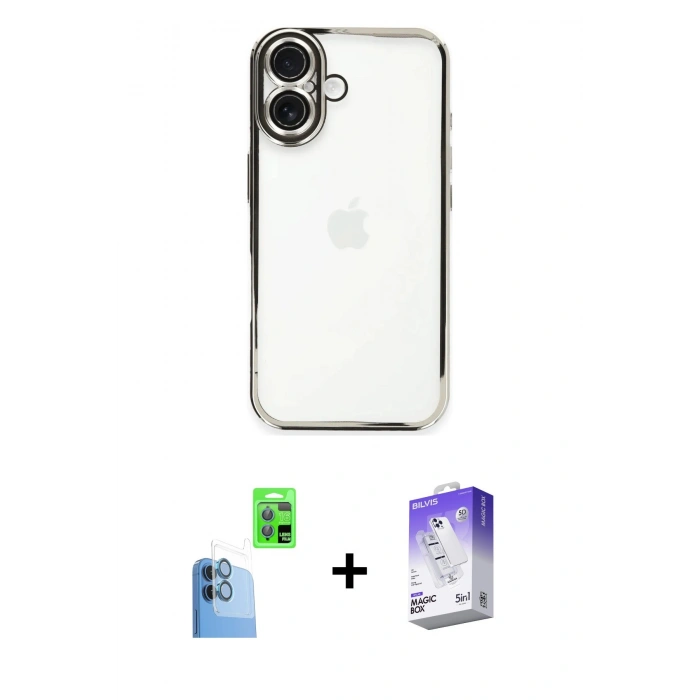 MARSİLYAN™- iPhone 16 Kılıf Vadi Minimal - Siyah Bilvis 5in1 3D Magic Cam Ekran Koruyucu + Raze Metal Kamera Lens - LT