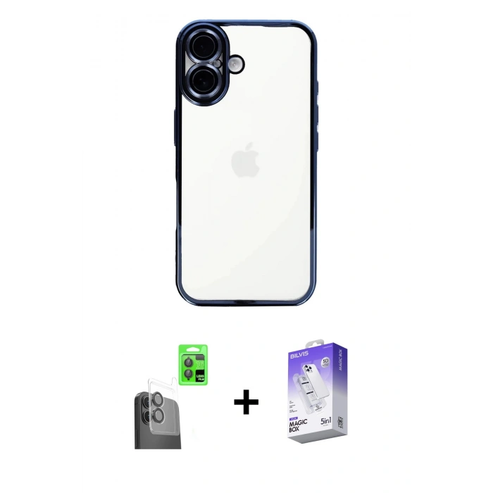 MARSİLYAN™- iPhone 16 Kılıf Vadi Minimal - Siyah Bilvis 5in1 3D Magic Cam Ekran Koruyucu + Raze Metal Kamera Lens - SH