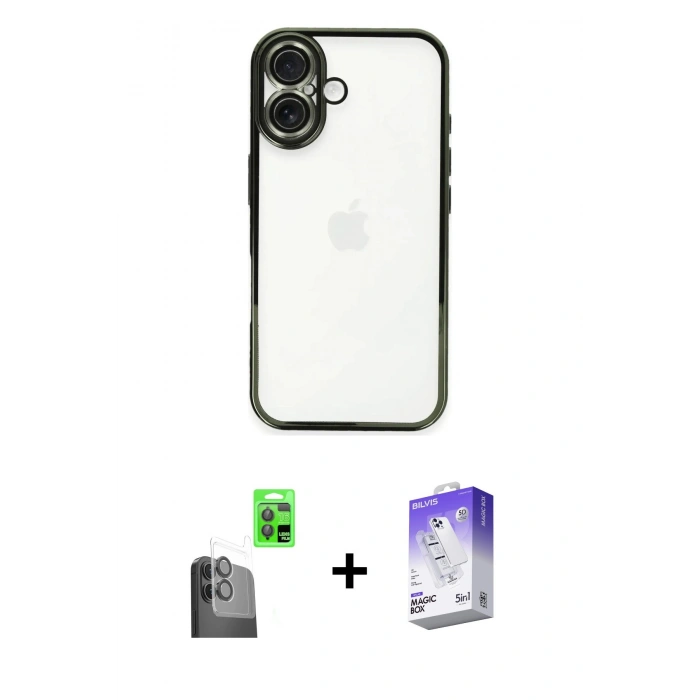 MARSİLYAN™- iPhone 16 Kılıf Vadi Minimal - Siyah Bilvis 5in1 3D Magic Cam Ekran Koruyucu + Raze Metal Kamera Lens - SH