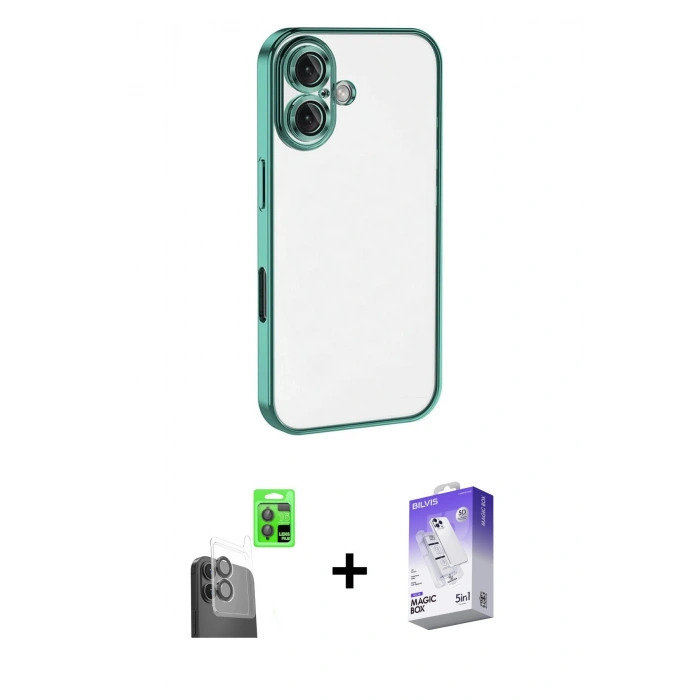 MARSİLYAN™- iPhone 16 Kılıf Vadi Minimal - Siyah Bilvis 5in1 3D Magic Cam Ekran Koruyucu + Raze Metal Kamera Lens - SH