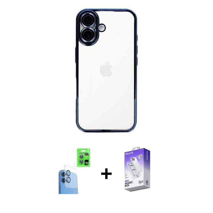 MARSİLYAN™- iPhone 16 Kılıf Vadi Minimal - Siyah Bilvis 5in1 3D Magic Cam Ekran Koruyucu + Raze Metal Kamera Lens - LT
