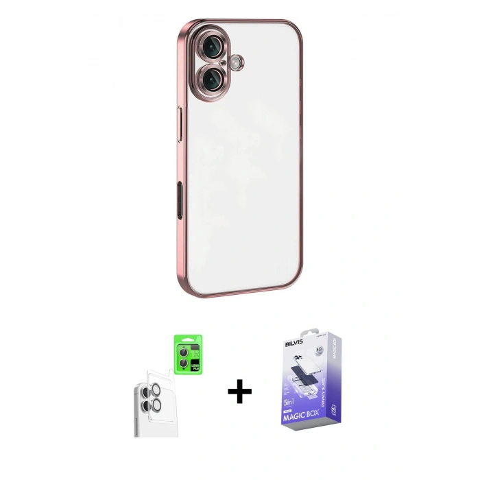 MARSİLYAN™- iPhone 16 Kılıf Vadi Minimal - Siyah Bilvis 5in1 5D Magic Hayalet Cam Ekran Koruyucu + Raze Metal Kamera Lens - BZ
