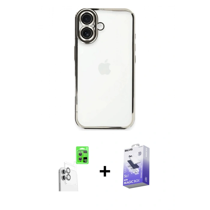 MARSİLYAN™- iPhone 16 Kılıf Vadi Minimal - Siyah Bilvis 5in1 5D Magic Hayalet Cam Ekran Koruyucu + Raze Metal Kamera Lens - BZ