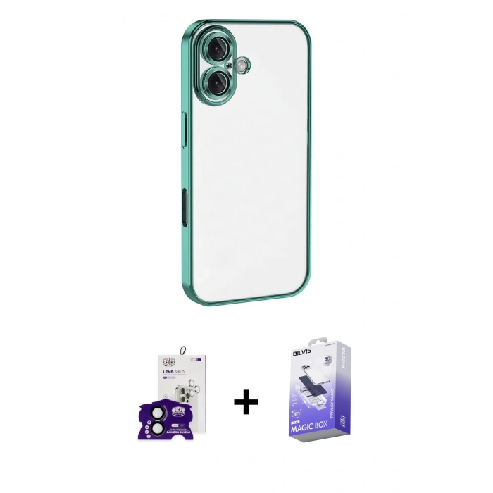 MARSİLYAN™- iPhone 16 Kılıf Vadi Minimal - Siyah Bilvis 5in1 5D Magic Hayalet Cam Ekran Koruyucu + Bilvis Titan Kamera Lens - SH