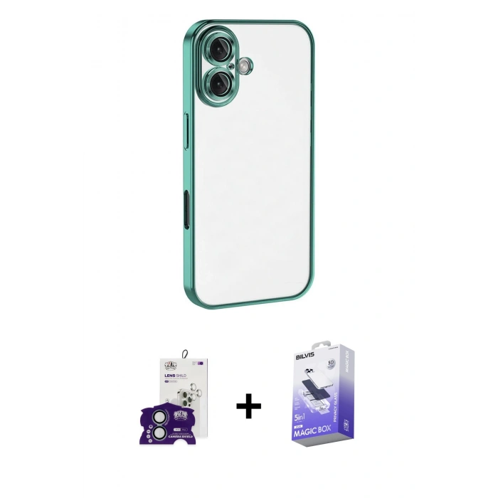 MARSİLYAN™- iPhone 16 Kılıf Vadi Minimal - Siyah Bilvis 5in1 5D Magic Hayalet Cam Ekran Koruyucu + Bilvis Titan Kamera Lens - YL