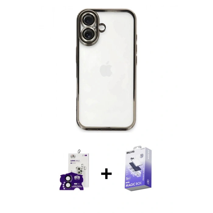 MARSİLYAN™- iPhone 16 Kılıf Vadi Minimal - Siyah Bilvis 5in1 5D Magic Hayalet Cam Ekran Koruyucu + Bilvis Titan Kamera Lens - SH