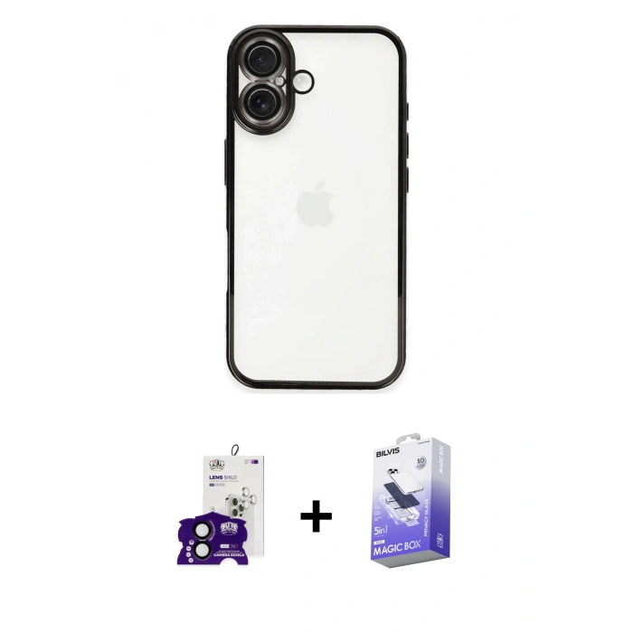 MARSİLYAN™- iPhone 16 Kılıf Vadi Minimal - Siyah Bilvis 5in1 5D Magic Hayalet Cam Ekran Koruyucu + Bilvis Titan Kamera Lens - SH