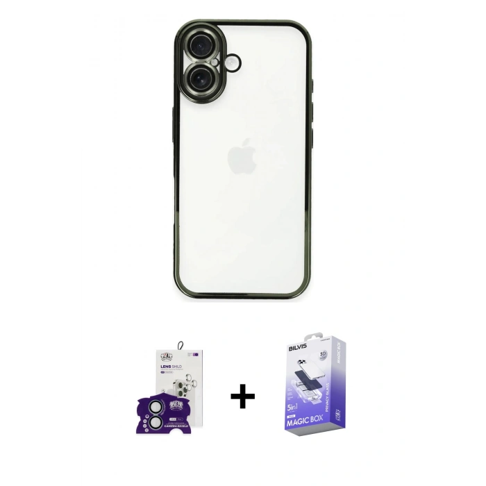 MARSİLYAN™- iPhone 16 Kılıf Vadi Minimal - Siyah Bilvis 5in1 5D Magic Hayalet Cam Ekran Koruyucu + Bilvis Titan Kamera Lens - YL