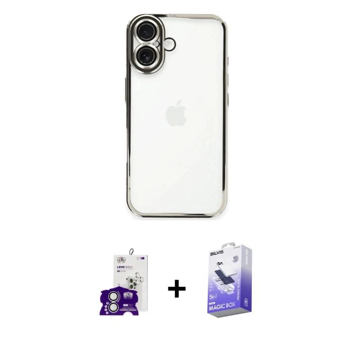 MARSİLYAN™- iPhone 16 Kılıf Vadi Minimal - Siyah Bilvis 5in1 5D Magic Hayalet Cam Ekran Koruyucu + Bilvis Titan Kamera Lens - GS
