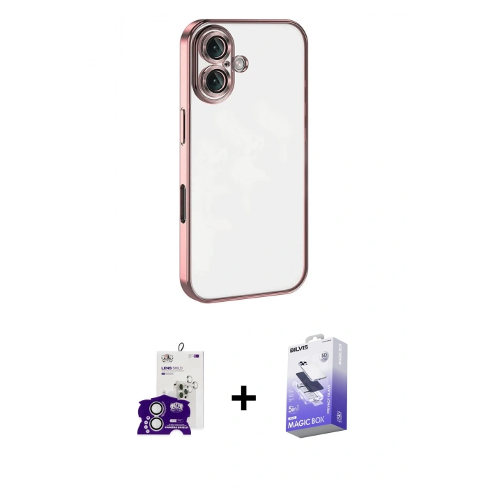 MARSİLYAN™- iPhone 16 Kılıf Vadi Minimal - Siyah Bilvis 5in1 5D Magic Hayalet Cam Ekran Koruyucu + Bilvis Titan Kamera Lens - GS