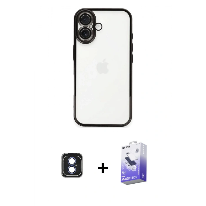 MARSİLYAN™- iPhone 16 Kılıf Vadi Minimal - Siyah Bilvis 5in1 5D Magic Hayalet Cam Ekran Koruyucu + Mavi PVD Metal Kamera Lens