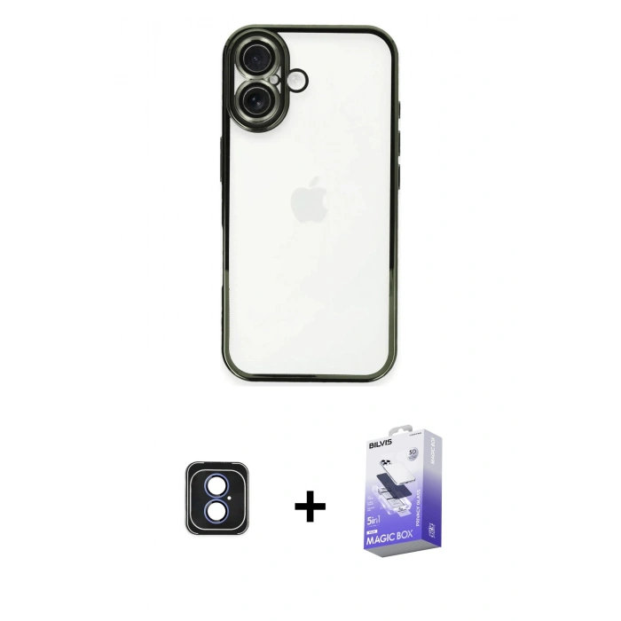 MARSİLYAN™- iPhone 16 Kılıf Vadi Minimal - Siyah Bilvis 5in1 5D Magic Hayalet Cam Ekran Koruyucu + Mavi PVD Metal Kamera Lens