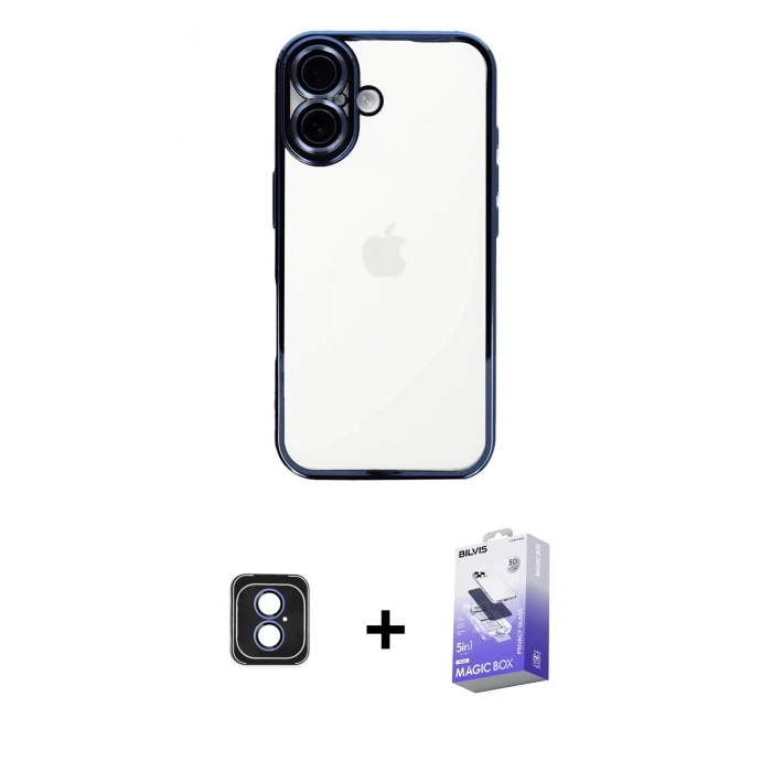 MARSİLYAN™- iPhone 16 Kılıf Vadi Minimal - Siyah Bilvis 5in1 5D Magic Hayalet Cam Ekran Koruyucu + Mavi PVD Metal Kamera Lens