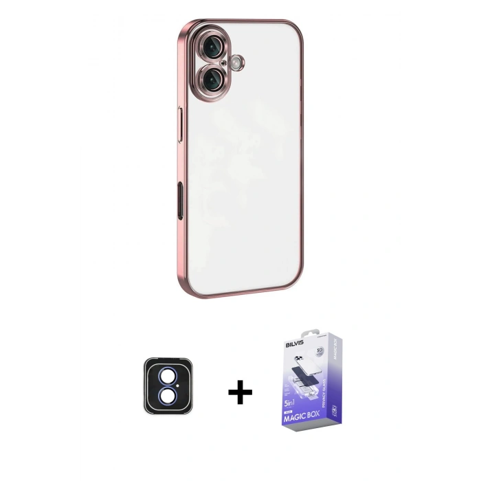 MARSİLYAN™- iPhone 16 Kılıf Vadi Minimal - Siyah Bilvis 5in1 5D Magic Hayalet Cam Ekran Koruyucu + Mavi PVD Metal Kamera Lens