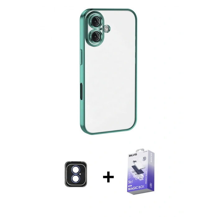 MARSİLYAN™- iPhone 16 Kılıf Vadi Minimal - Siyah Bilvis 5in1 5D Magic Hayalet Cam Ekran Koruyucu + Mavi PVD Metal Kamera Lens