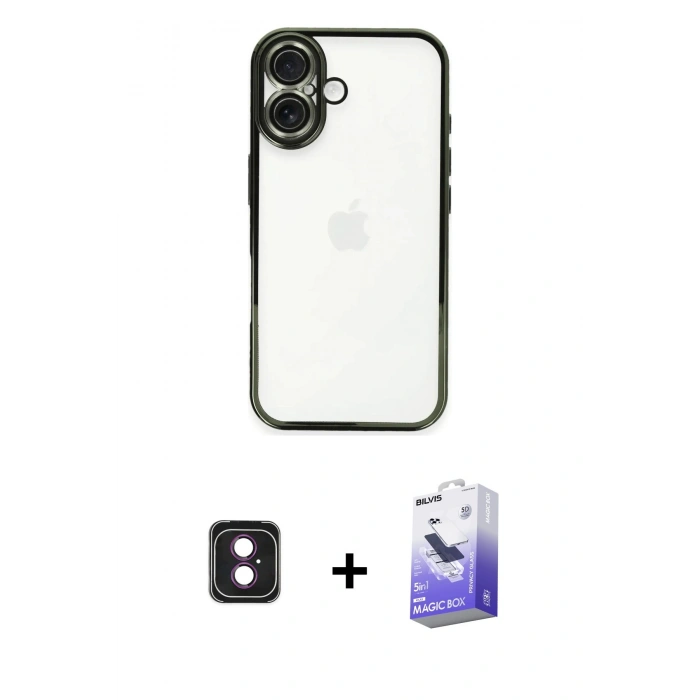 MARSİLYAN™- iPhone 16 Kılıf Vadi Minimal - Siyah Bilvis 5in1 5D Magic Hayalet Cam Ekran Koruyucu + PVD Metal Kamera Lens - PE