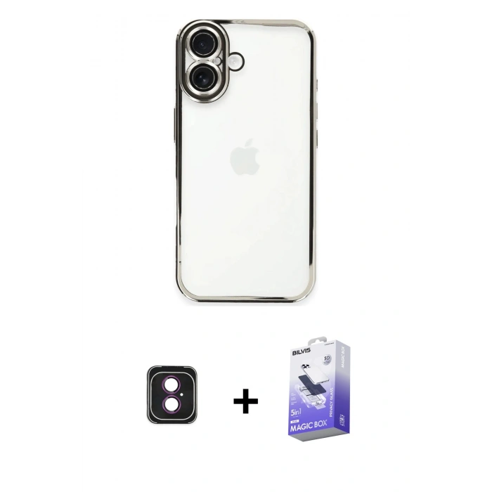 MARSİLYAN™- iPhone 16 Kılıf Vadi Minimal - Siyah Bilvis 5in1 5D Magic Hayalet Cam Ekran Koruyucu + PVD Metal Kamera Lens - PE