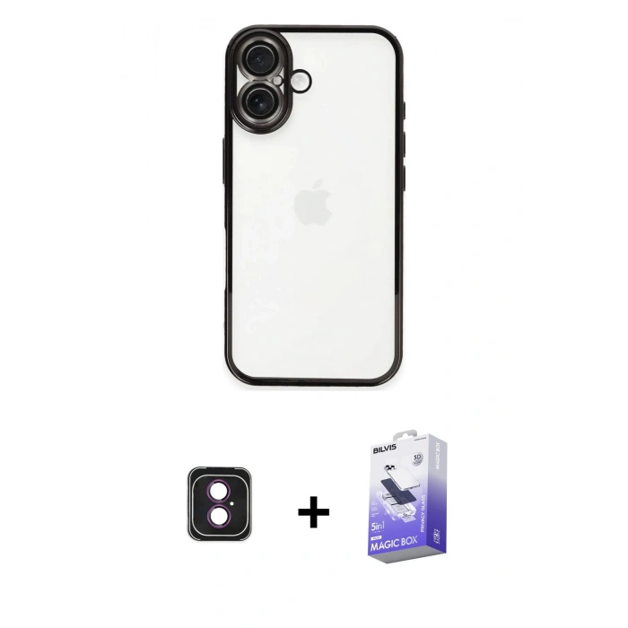 MARSİLYAN™- iPhone 16 Kılıf Vadi Minimal - Siyah Bilvis 5in1 5D Magic Hayalet Cam Ekran Koruyucu + PVD Metal Kamera Lens - PE