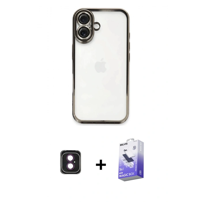 MARSİLYAN™- iPhone 16 Kılıf Vadi Minimal - Siyah Bilvis 5in1 5D Magic Hayalet Cam Ekran Koruyucu + PVD Metal Kamera Lens - PE
