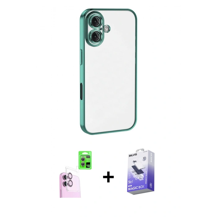 MARSİLYAN™- iPhone 16 Kılıf Vadi Minimal - Siyah Bilvis 5in1 5D Magic Hayalet Cam Ekran Koruyucu + Raze Metal Kamera Lens - PE