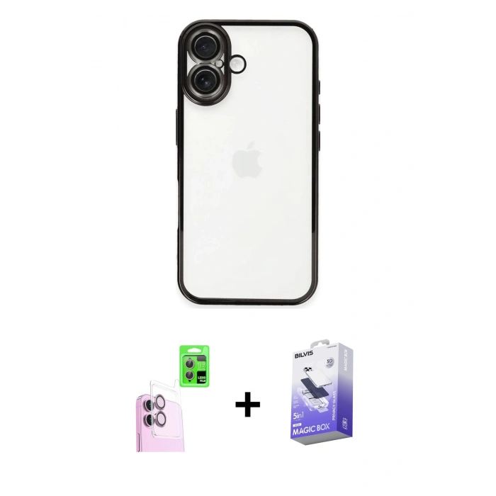 MARSİLYAN™- iPhone 16 Kılıf Vadi Minimal - Siyah Bilvis 5in1 5D Magic Hayalet Cam Ekran Koruyucu + Raze Metal Kamera Lens - PE