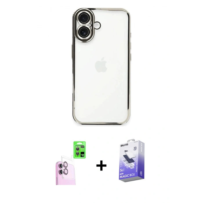MARSİLYAN™- iPhone 16 Kılıf Vadi Minimal - Siyah Bilvis 5in1 5D Magic Hayalet Cam Ekran Koruyucu + Raze Metal Kamera Lens - PE