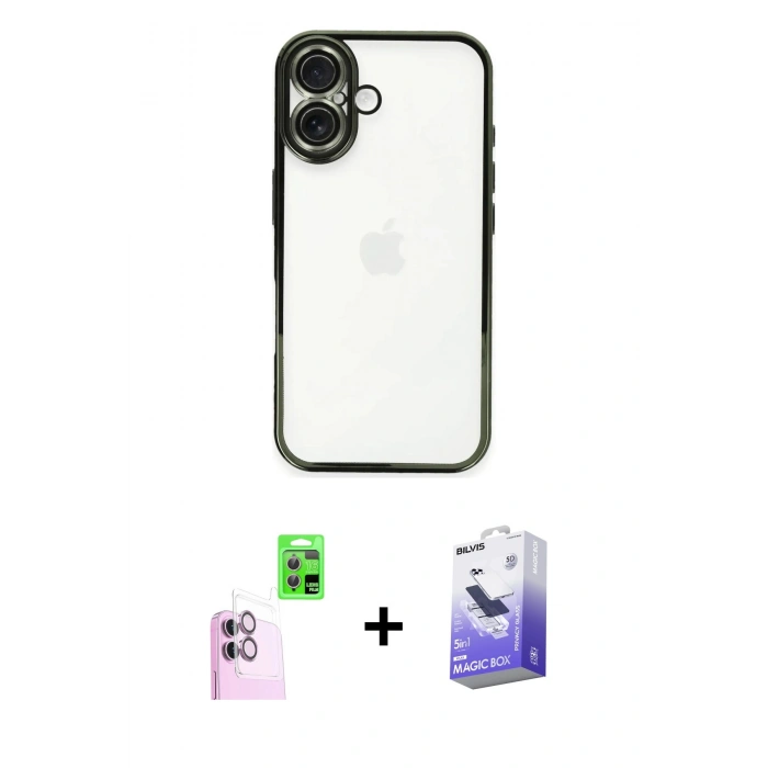 MARSİLYAN™- iPhone 16 Kılıf Vadi Minimal - Siyah Bilvis 5in1 5D Magic Hayalet Cam Ekran Koruyucu + Raze Metal Kamera Lens - PE