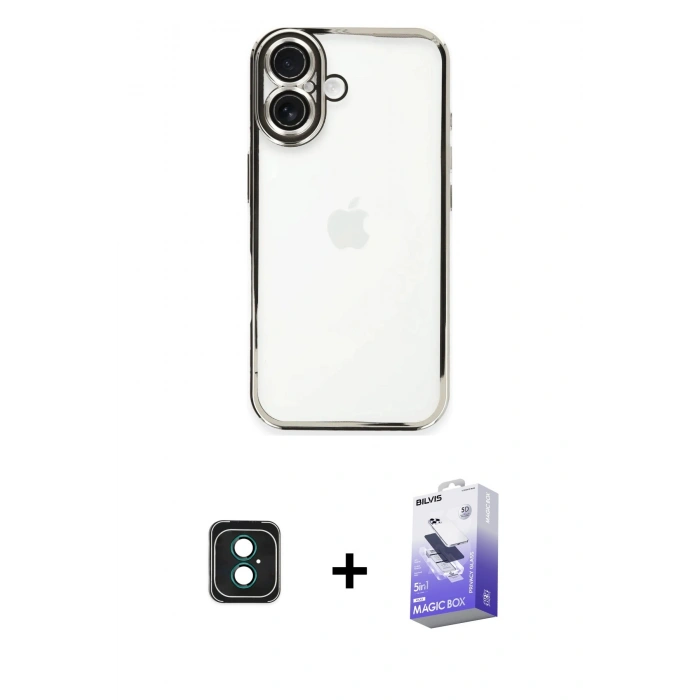 MARSİLYAN™- iPhone 16 Kılıf Vadi Minimal - Siyah Bilvis 5in1 5D Magic Hayalet Cam Ekran Koruyucu + PVD Metal Kamera Lens - YL