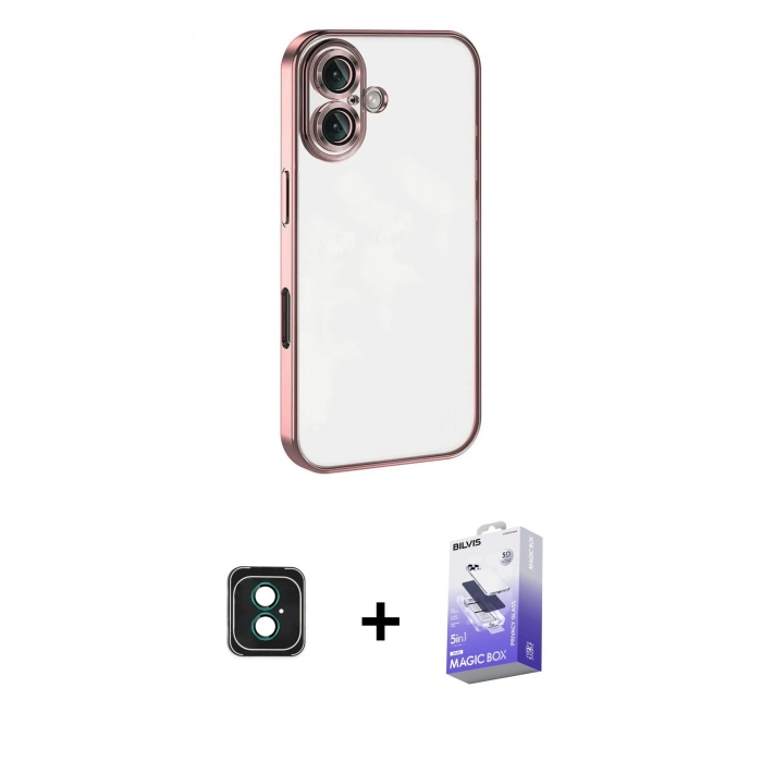 MARSİLYAN™- iPhone 16 Kılıf Vadi Minimal - Siyah Bilvis 5in1 5D Magic Hayalet Cam Ekran Koruyucu + PVD Metal Kamera Lens - YL