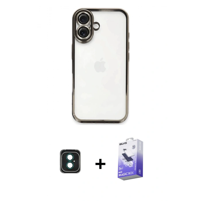 MARSİLYAN™- iPhone 16 Kılıf Vadi Minimal - Siyah Bilvis 5in1 5D Magic Hayalet Cam Ekran Koruyucu + PVD Metal Kamera Lens - YL