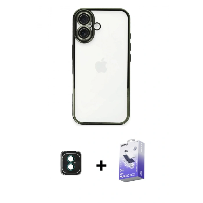 MARSİLYAN™- iPhone 16 Kılıf Vadi Minimal - Siyah Bilvis 5in1 5D Magic Hayalet Cam Ekran Koruyucu + PVD Metal Kamera Lens - YL