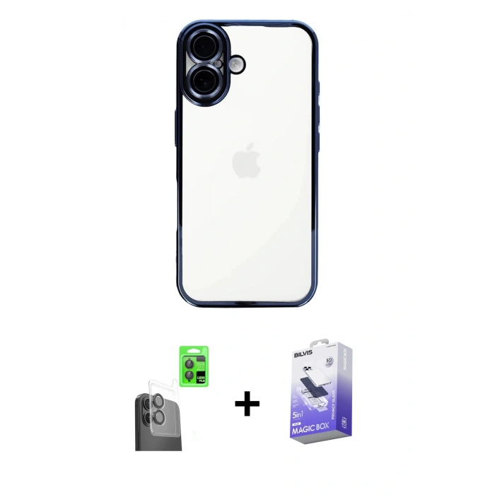 MARSİLYAN™- iPhone 16 Kılıf Vadi Minimal - Siyah Bilvis 5in1 5D Magic Hayalet Cam Ekran Koruyucu + Raze Metal Kamera Lens - SH