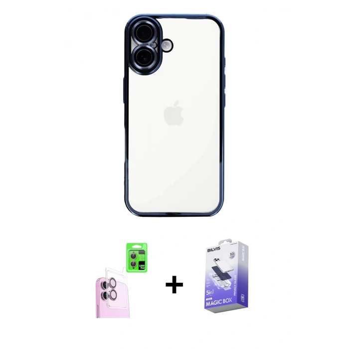 MARSİLYAN™- iPhone 16 Kılıf Vadi Minimal - Siyah Bilvis 5in1 5D Magic Hayalet Cam Ekran Koruyucu + Raze Metal Kamera Lens - PE