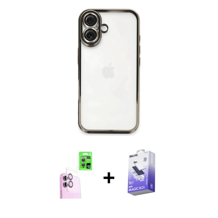 MARSİLYAN™- iPhone 16 Kılıf Vadi Minimal - Siyah Bilvis 5in1 5D Magic Hayalet Cam Ekran Koruyucu + Raze Metal Kamera Lens - PE